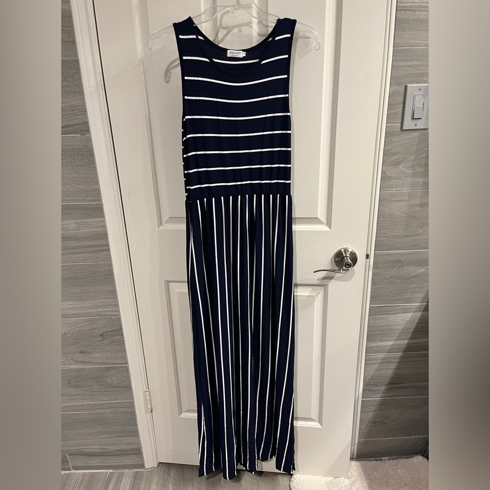 Navy blue and white striped maxi dress.